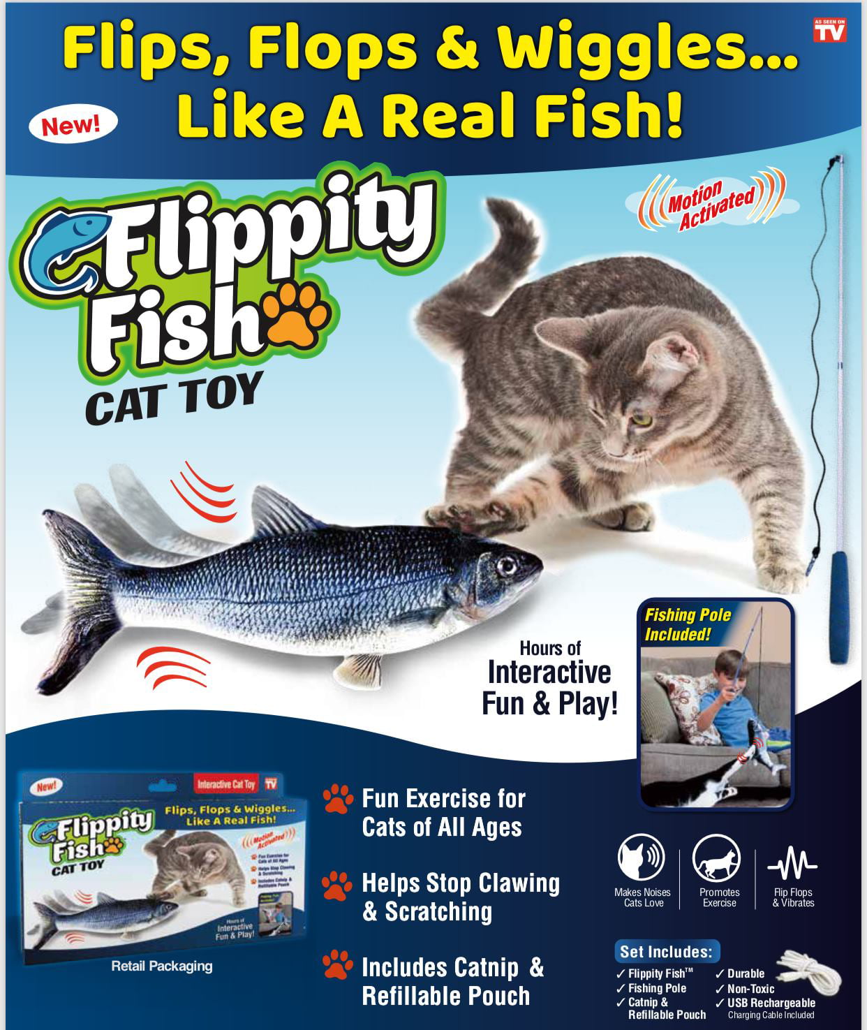 Flippity Fish Cat Toy， Interactive Cat Toy， Flips， Flops and Wiggles Like a Real Fish， Motion Activated， Cat Fun toy， Exercise for Cats， Includes Catnip， Helps Stop Clawing and Scratching， Animal Toys