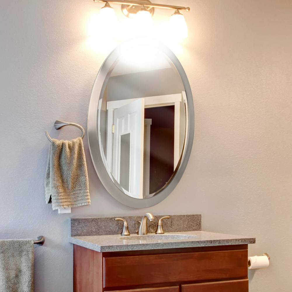 Deco Mirror 23 in. W x 29 in. H Framed Oval Beveled Edge Bathroom Vanity Mirror in Brushed nickel 6295