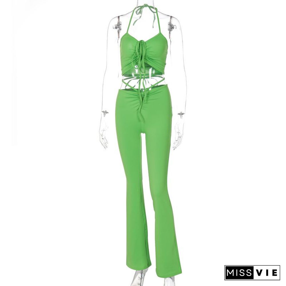 Strappy Cutout Knotted Shirring Halter Crop Top And Flare Pants set