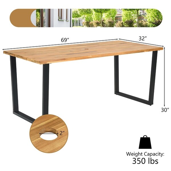 Gymax Patio Rectangle Dining Table Acacia Wood w/ 2'' Umbrella Hole