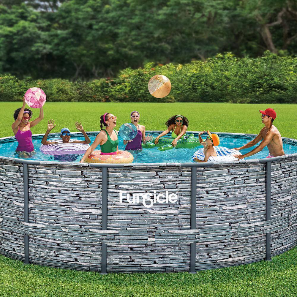 Funsicle 16 ft. Round 48 in. Deep Metal Frame Above Ground Pool Stone Slate P4W01648B