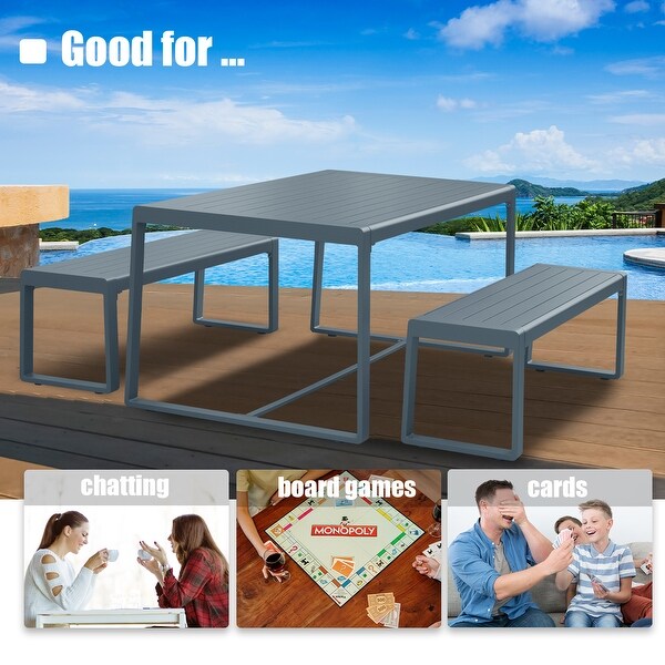 Aoodor Outdoor 3Piece Aluminum Picnic Table Set，Rectangular Patio Dining Table with Benches