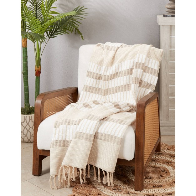 Textured Treasures Woven Striped With Fringe Throw Blanket Natural Saro Lifestyle