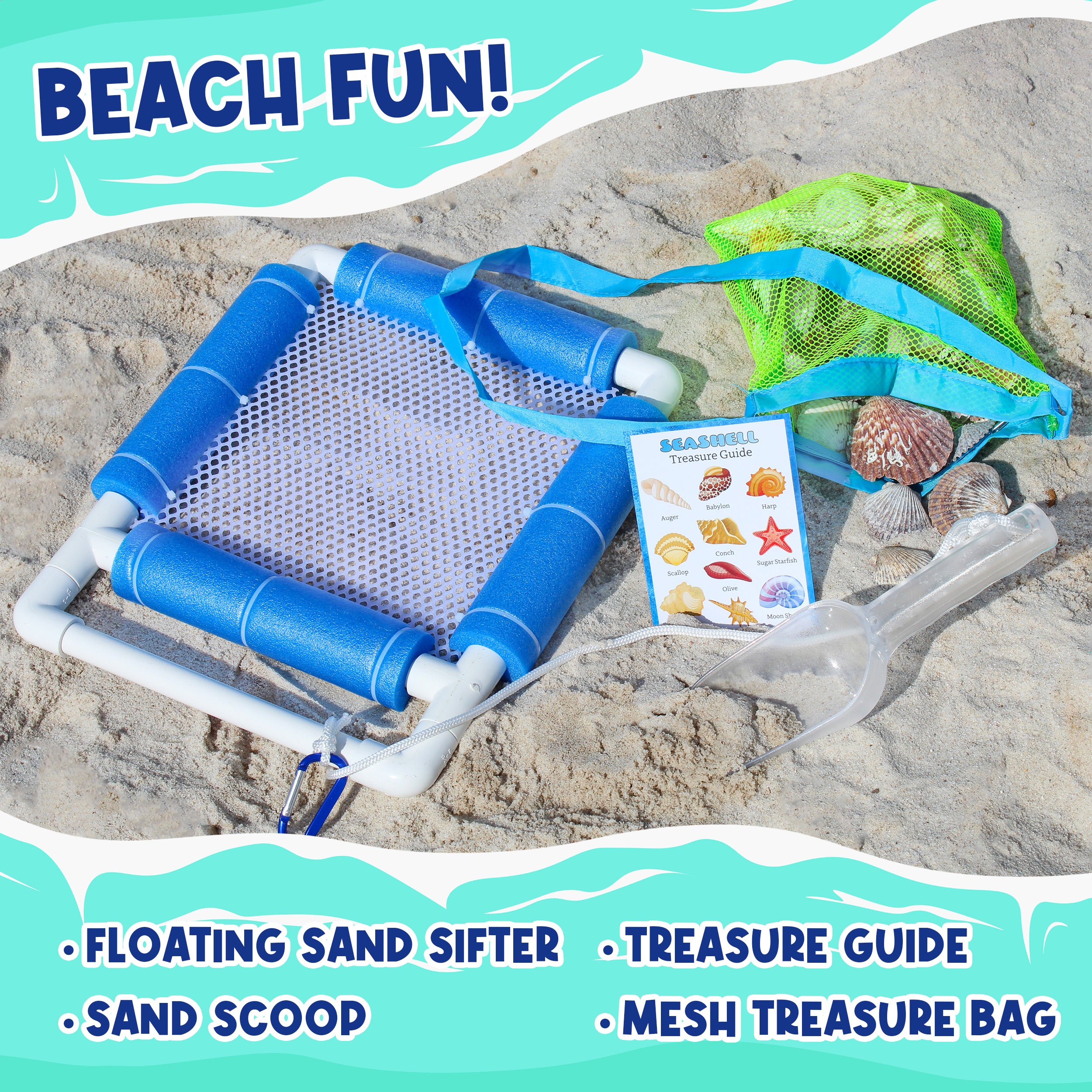 Attatoy Shark Tooth Sand Sifter Set; Beach Fun Play Set w/ Mesh Screen, Scoop, Clip, Bag and Treasure Hunt Guide