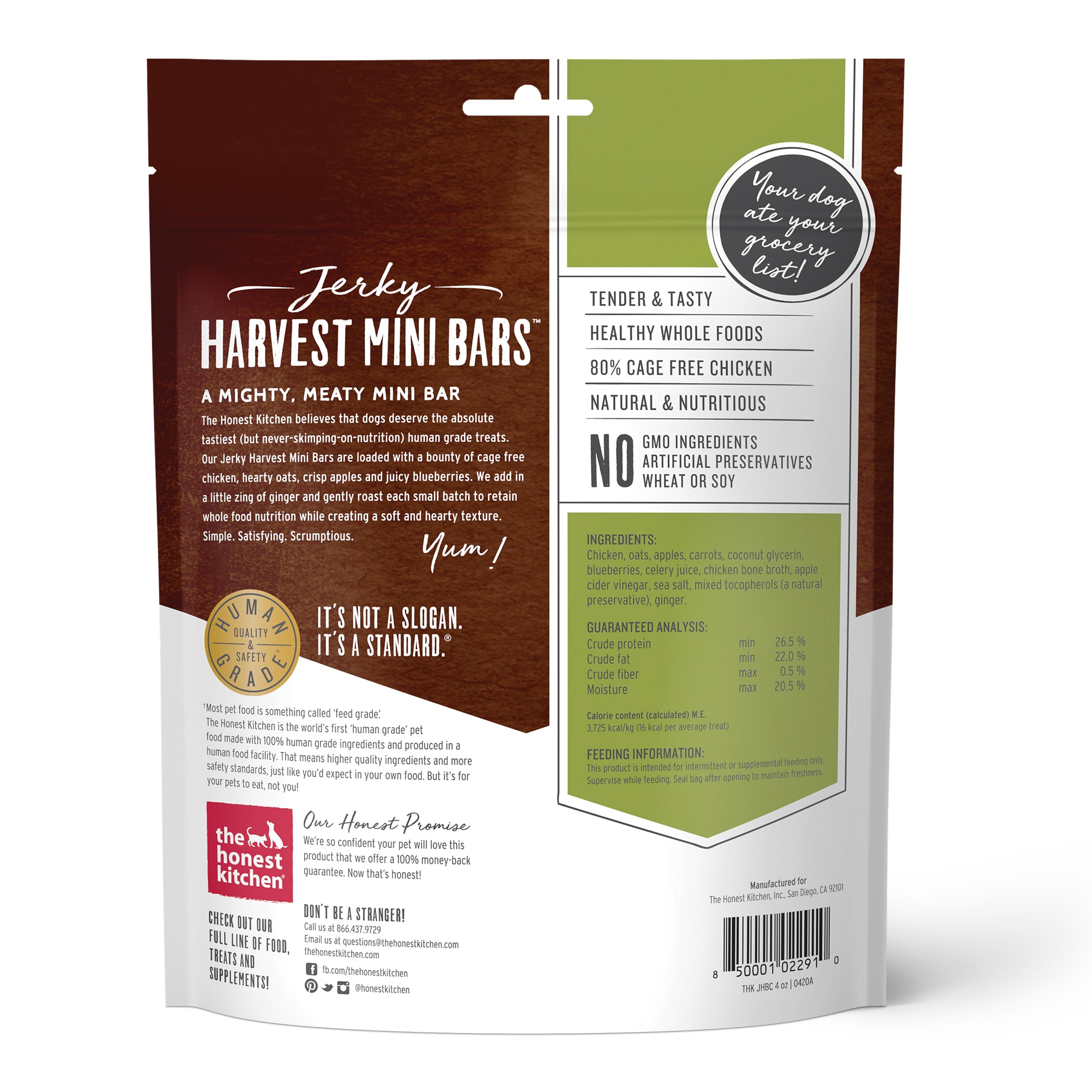 The Honest Kitchen Jerky Harvest Mini Bars: Chicken Recipe With Apples  Blueberries Dog Treats， 4 oz.