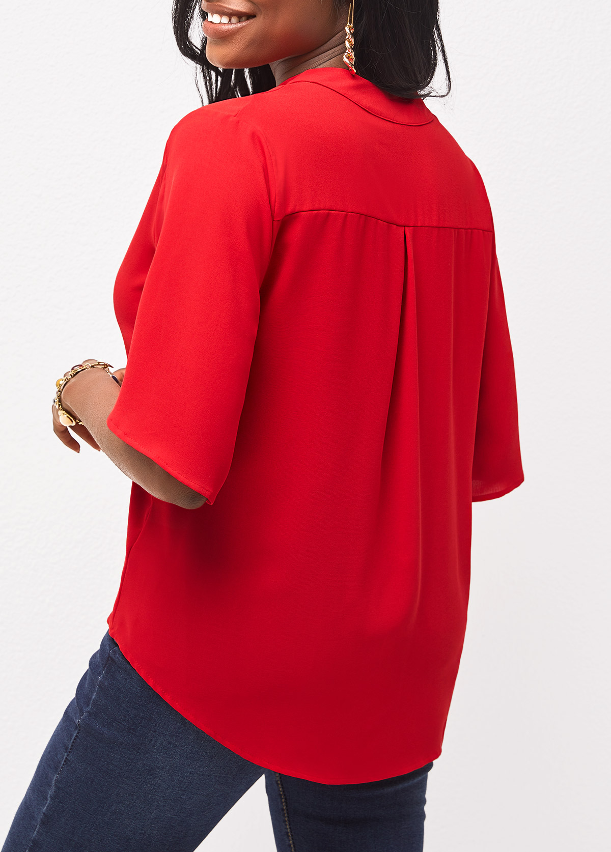 Half Sleeve Split Neck Red Blouse