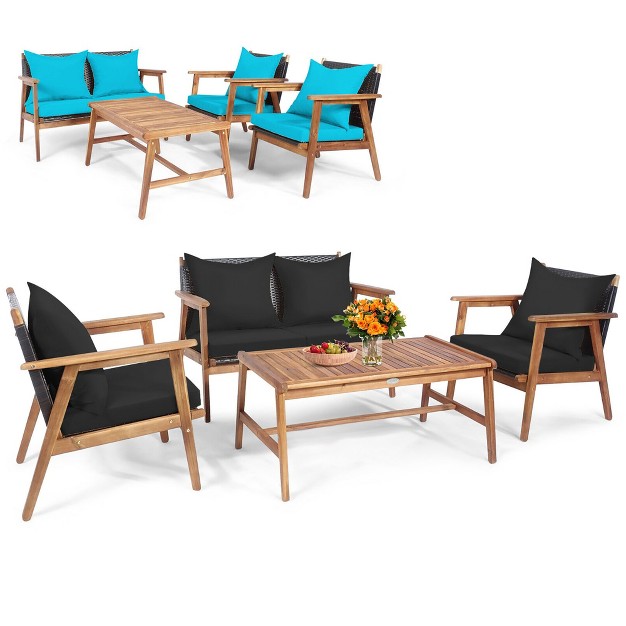 Tangkula 4pcs Patio Conversation Set Wood Frame Furniture Set W Turquoise amp Black Cushions