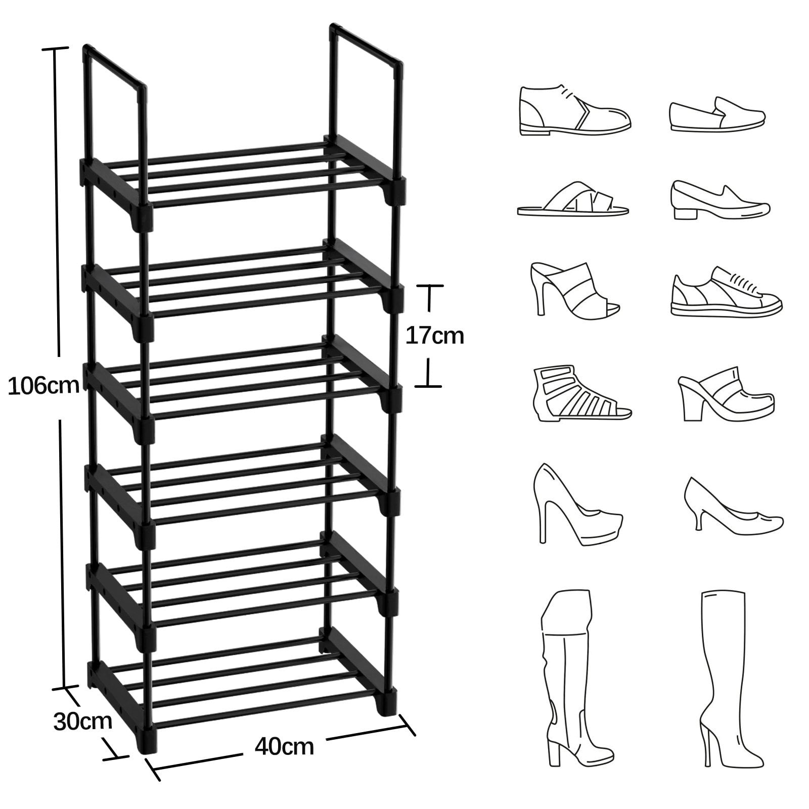 BIGLUFU Shoe Rack， Metal Shoe Organizer with 1 Rows 6 Tiers Metal Shoe Storage 12-16 Pairs Vertical Shoe Shelf for Entryway， Closet， Garage， Bedroom，Cloakroom（Black ）