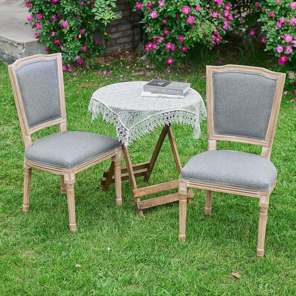 Set of 2 French Side Chairs with Carved Wood Legs   Linen Upholstery