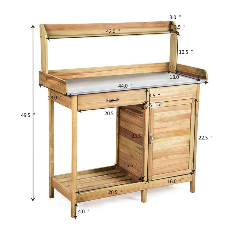 Outdoor Patio Potting Bench Table Rack with Metal Tabletop, Big Drawer & Removable Shelf, Fir Wood Garden Workstation