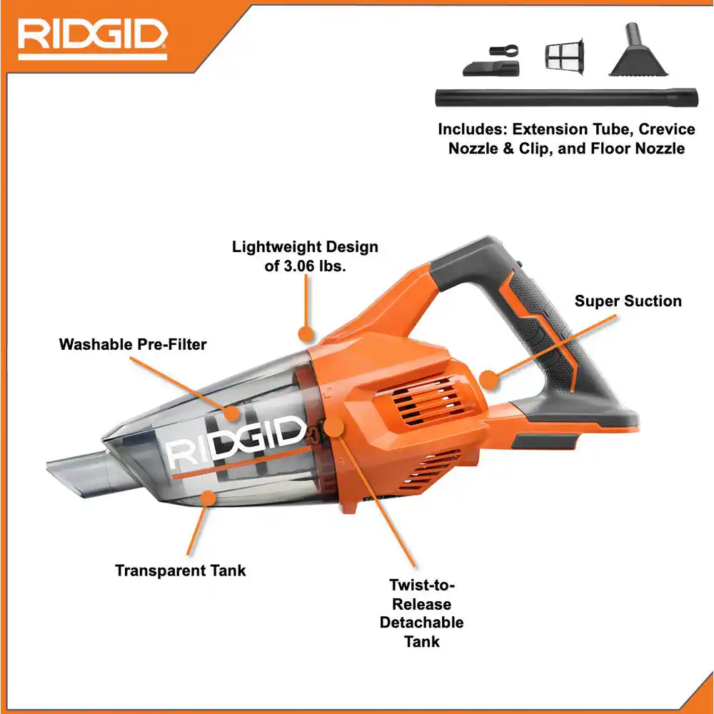 RIDGID R860902B 18V Cordless Hand Vacuum (Tool Only) with Crevice Nozzle， Utility Nozzle and Extension Tube