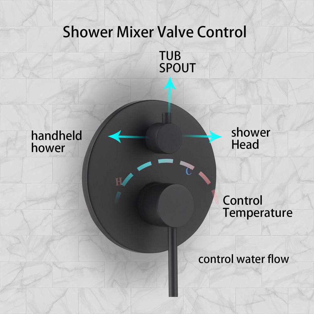 Magic Home 1-Spray 9.6 in. Round Temperature Control Hand Shower and Showerhead from Wall Combo Kit with Slide Bar in Black MH-KST-R210B