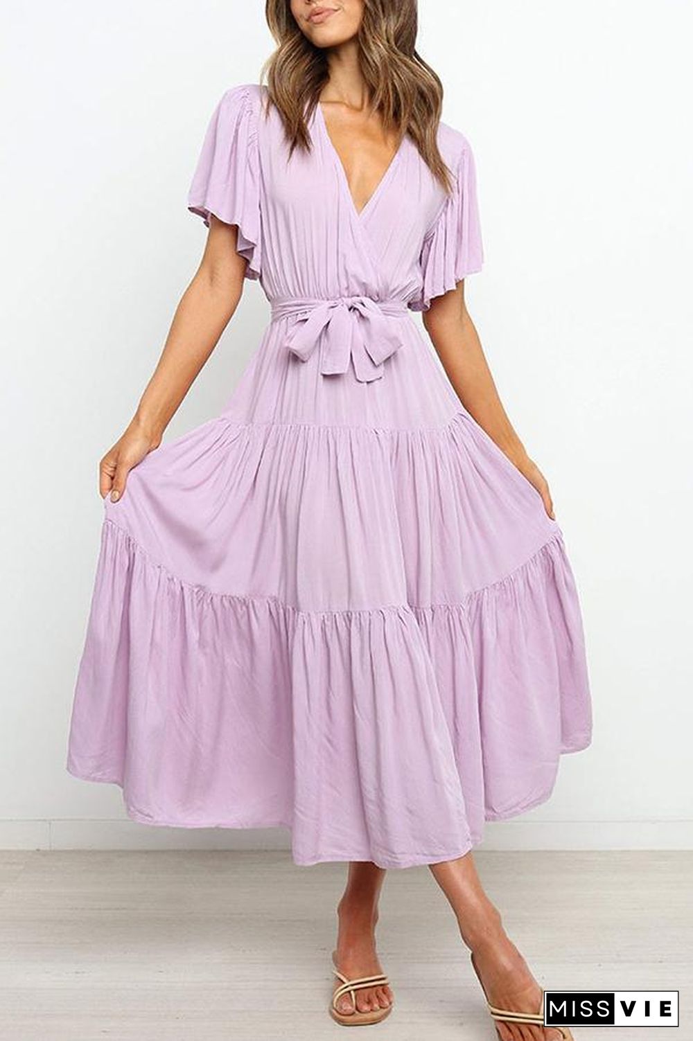 Ruffled Sleeve V-neck Tie Waist Maxi Dress P14492