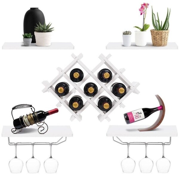 White 5 Piece Wall Mounted Wine Rack Set with Storage Shelves - 20.3