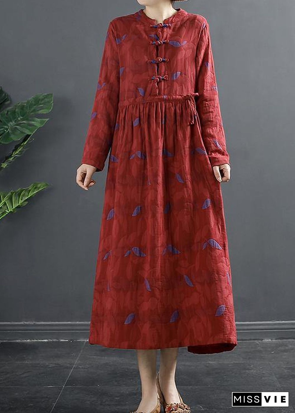 DIY Stand Collar Quilting Dresses Pattern Red Print Long Dress