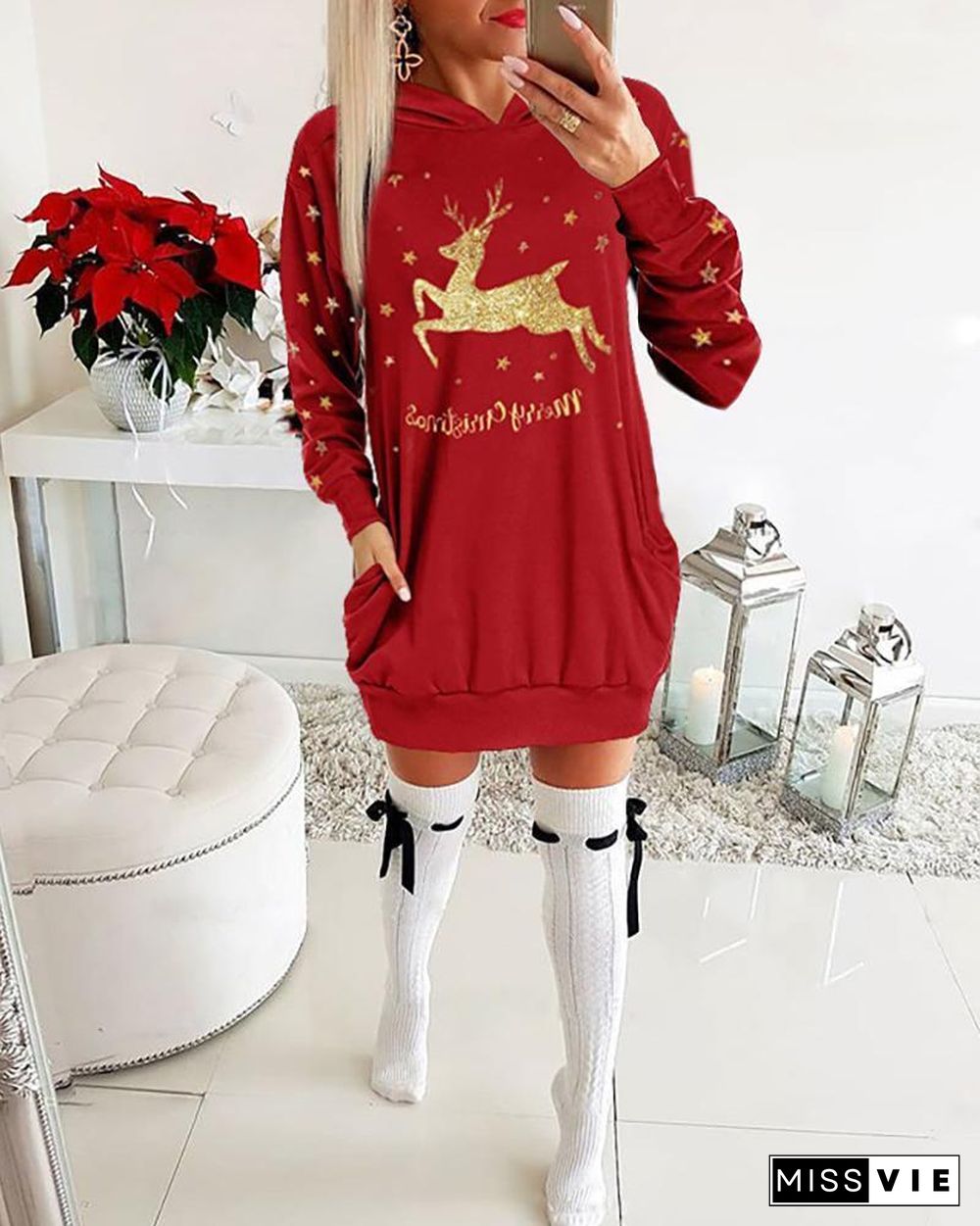 Christmas Moose Letter Print Dress P10811