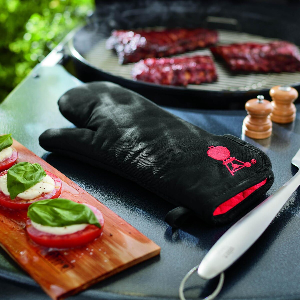 Weber 6532 Black With Red Kettle Cotton Grill Glove With Extra Long Cuff