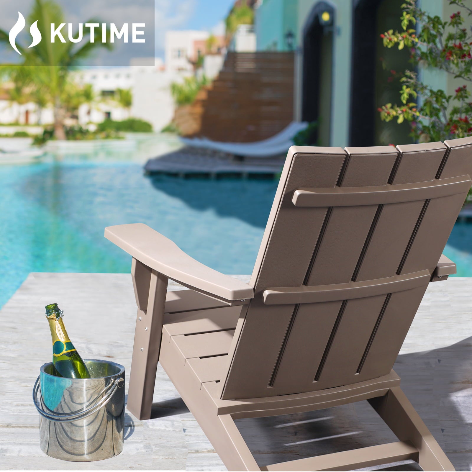 KUTIME | Resin Plastic Adirondack Chair Outdoor Patio Plastic Resin Chair With Cup Holder - Light Brown