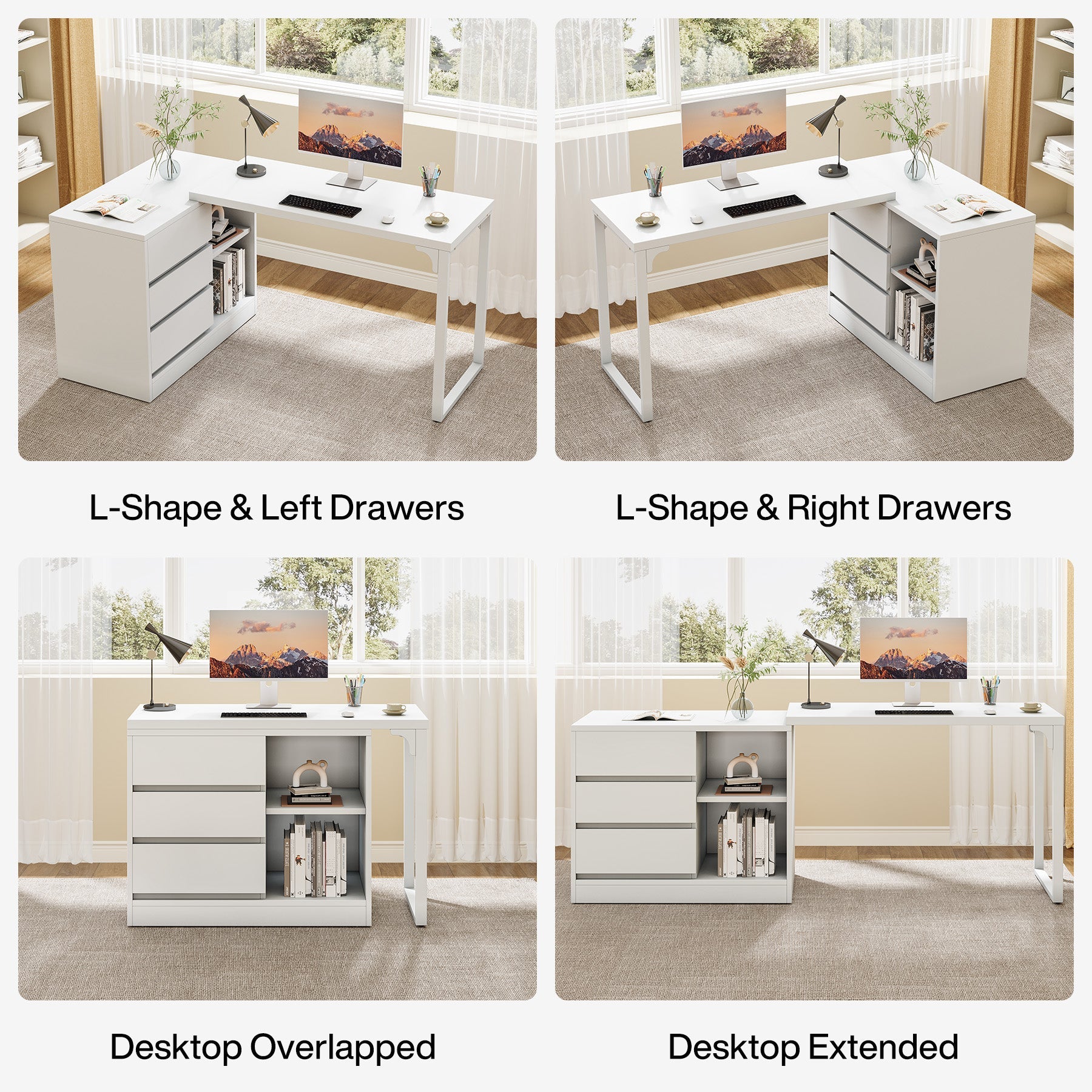 L-Shaped Computer Desk, Reversible Corner Desk With Drawer Cabinet