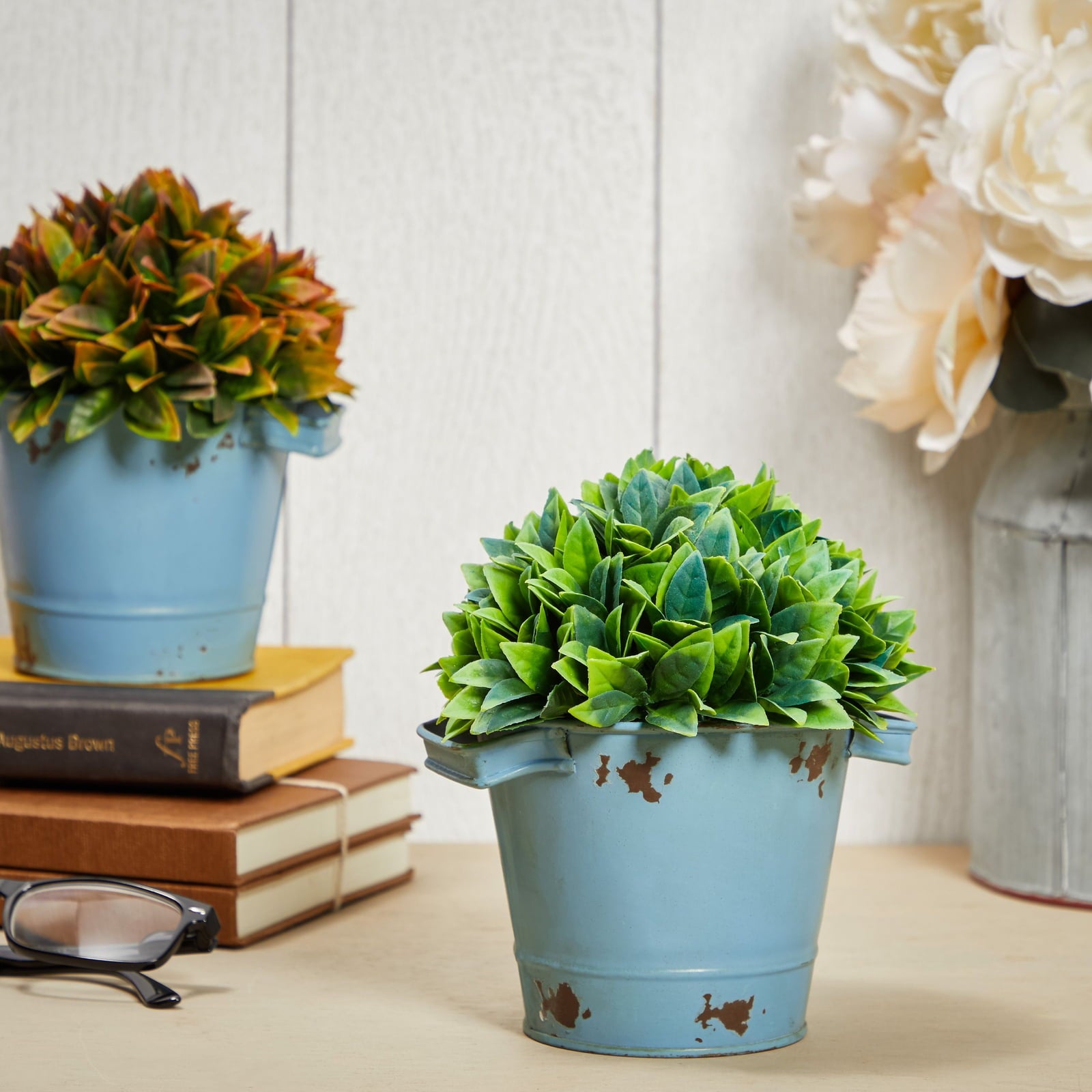 4-Pack Small Galvanized Buckets with Handles, Blue Vintage-Style, Metal Tin Planters for Outdoor Plants or Home Decor, Decorative Flower Pots for Gardening, 5x4 in