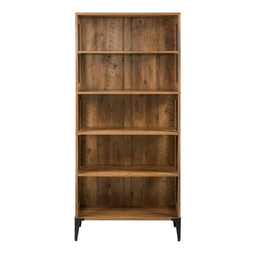 Welwick Designs 68 in. Reclaimed Barnwood and Metal Mesh Industrial 4-Shelf Standard Bookcase with 3-Adjustable Shelves HD8914