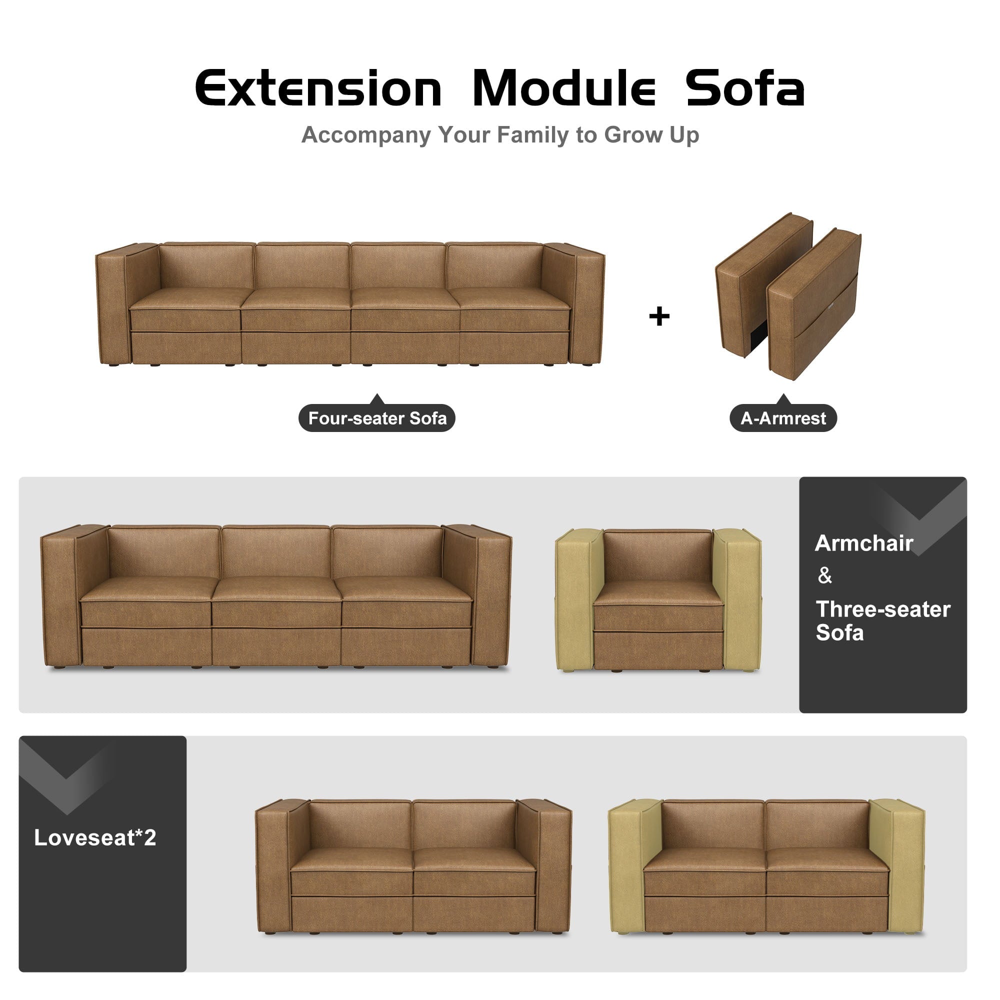 Nolany Modular Sectional Sofa Couch 4-Seat Sofa with Storage Seat, Caramel Microfiber