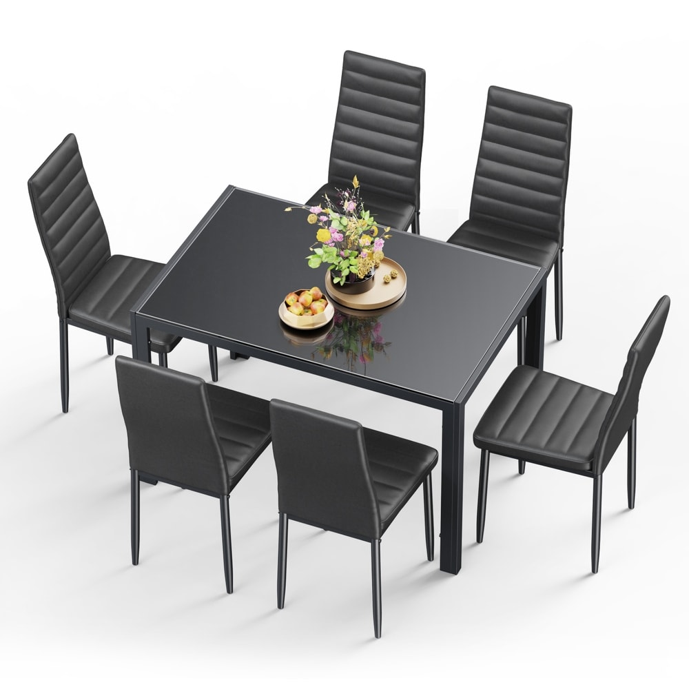 7 Piece Glass Dining Table Set for 6 with High Back PU Leather Chairs