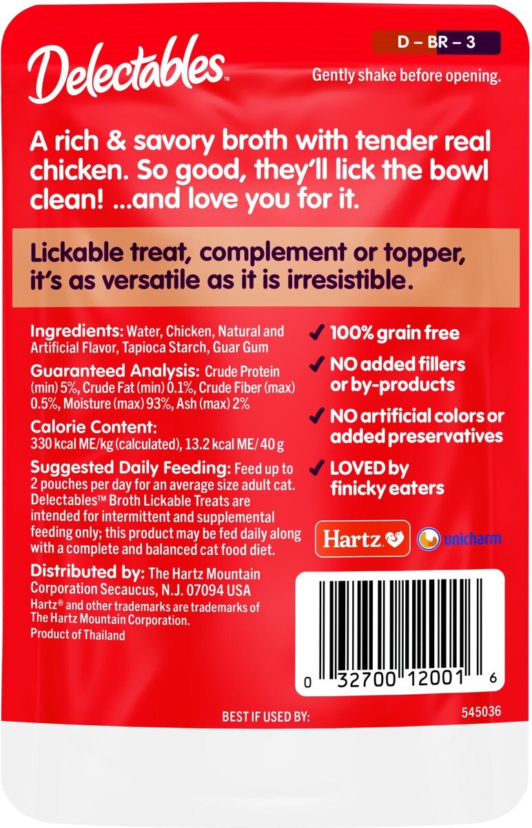 Hartz Delectables Savory Broths Non-Seafood Recipe and Chicken Grain-Free Lickable Cat Treats， 1.4-oz pouch， pack of 12