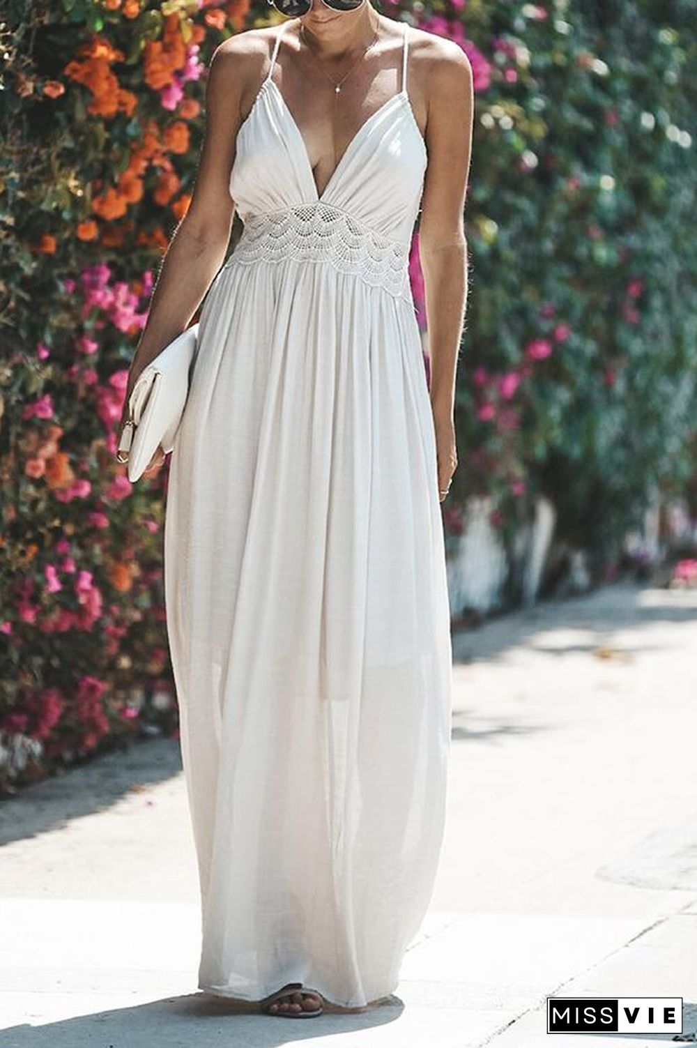 V Neck Spaghetti Straps Lace Panel Maxi Dress