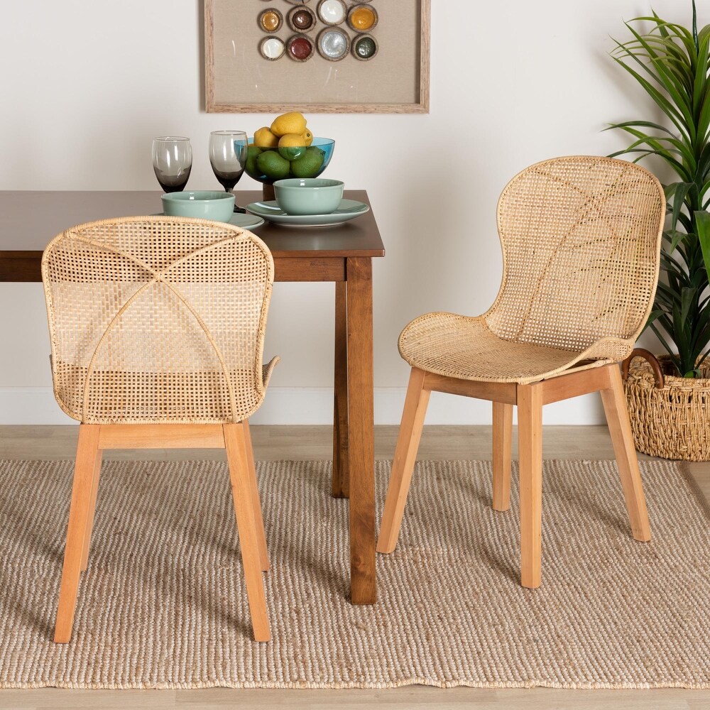 Sabelle Japandi Natural Brown Mahogany and Rattan 2 Piece Dining Chair Set