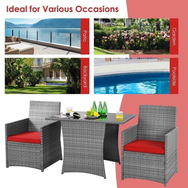 Gymax 3PCS Outdoor Rattan Conversation Set Patio Dining Table Set w/