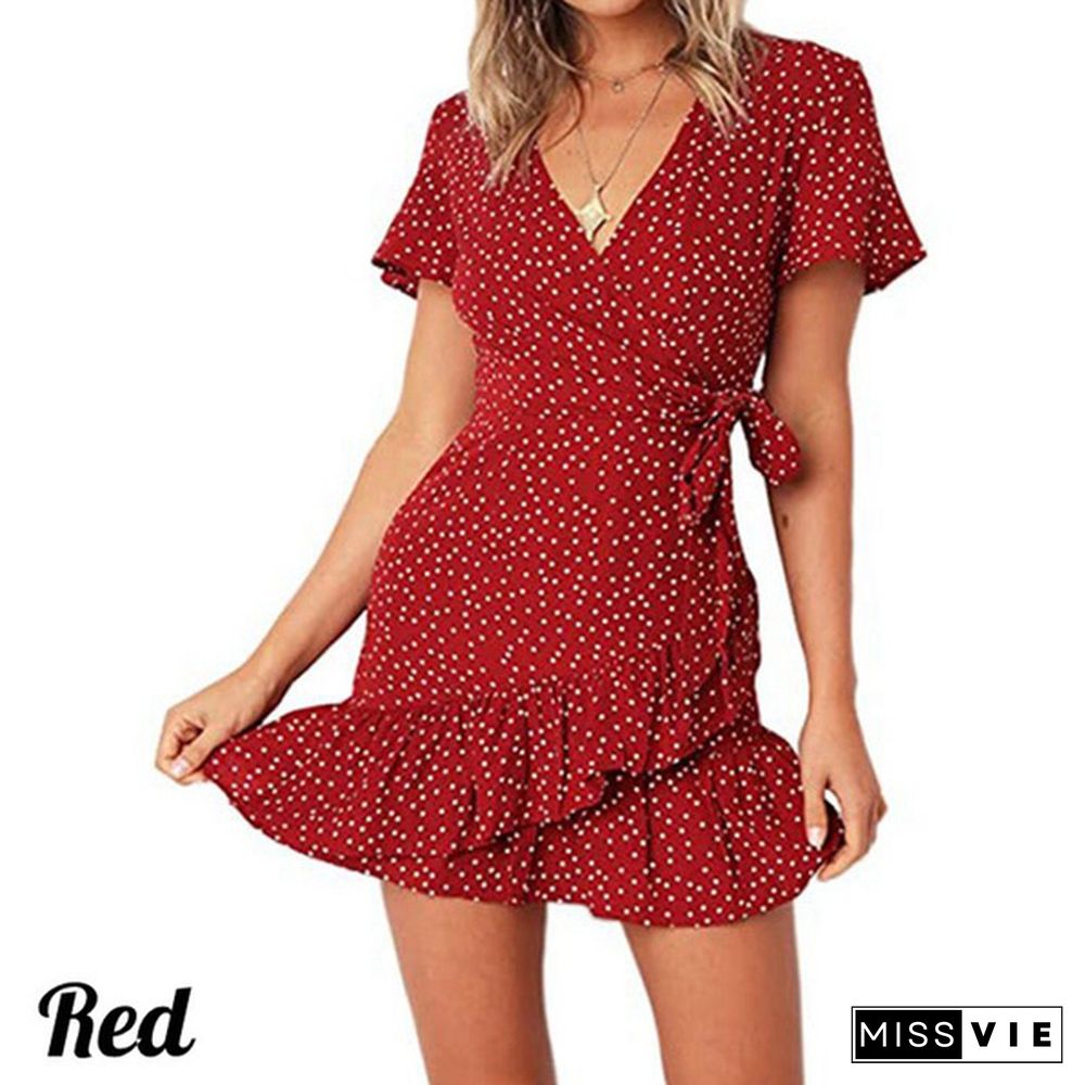 Women's Summer Short Sleeve Print Dress Wrap V Neck Polka Dot Print Ruffle Short Sleeve Mini Floral Dress Casual Short Dresses with Belt