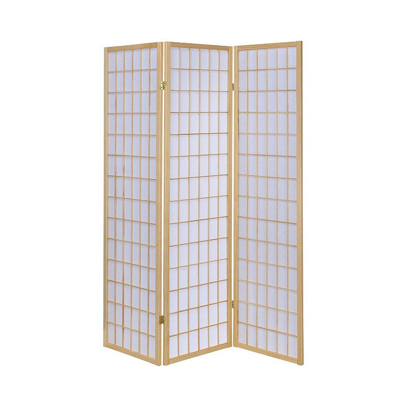 3 Panel Foldable Wooden Frame Room Divider with Grid Design， Brown