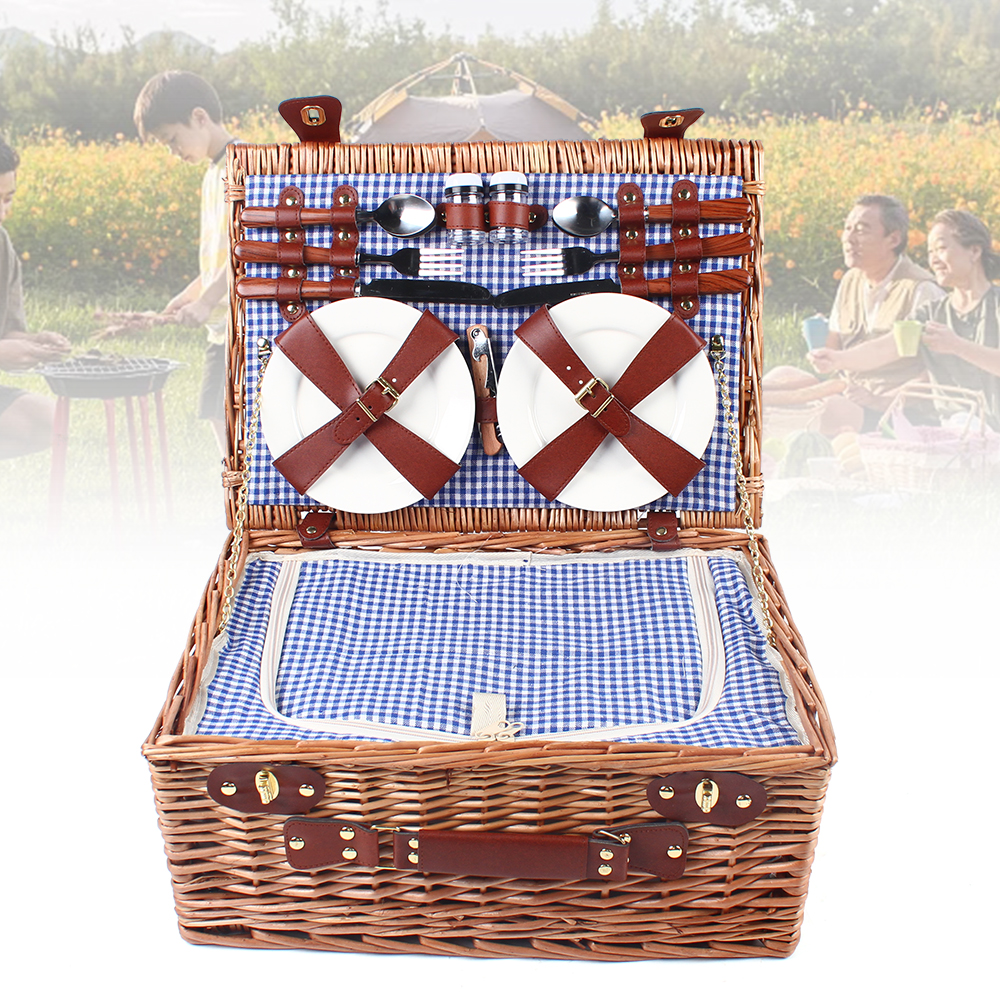 Miumaeov Wicker Picnic Basket Sets for 4 Persons with Insulation Layer Portable Brown