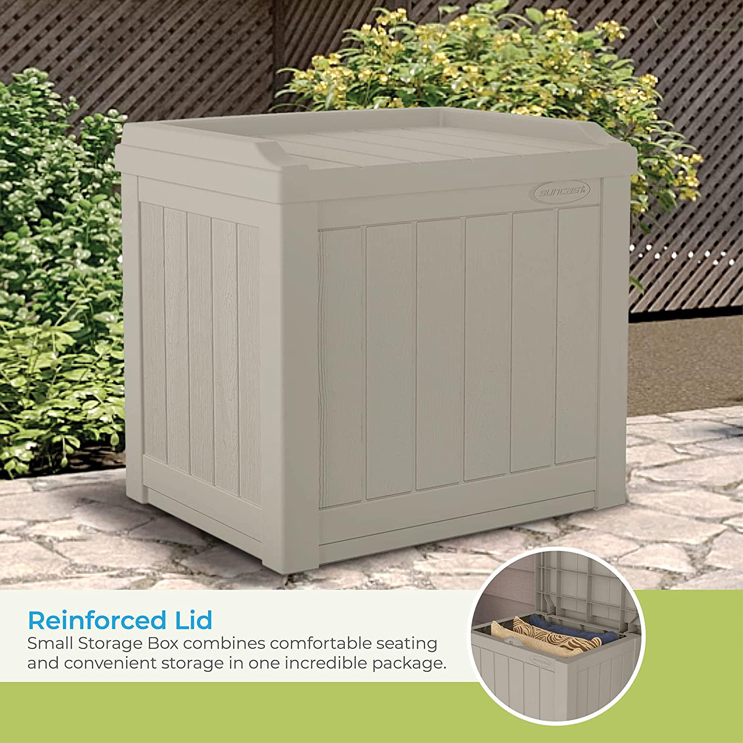 Suncast Small Deck Box-Lightweight Resin Indoor/Outdoor Storage Container and Seat Cushions and Gardening Tools Store Items on Patio, Garage, Yard, 22 Gallon, Light Taupe