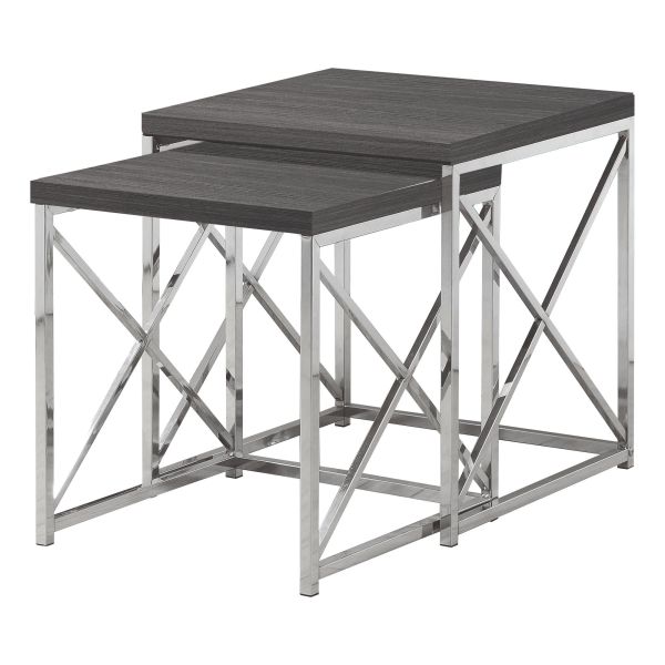 Nesting Table， Set Of 2， Side， End， Metal， Accent， Living Room， Bedroom， Grey Laminate， Chrome Metal， Contemporary， Modern