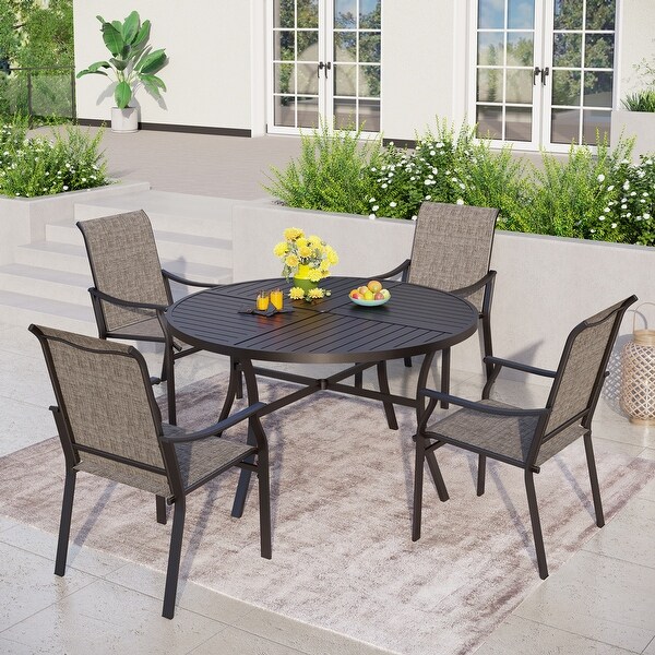 MAISON ARTS 5/7Piece Patio Dining Set，Round Metal Table and 4/6 Textilene Fabric Padded Armchairs