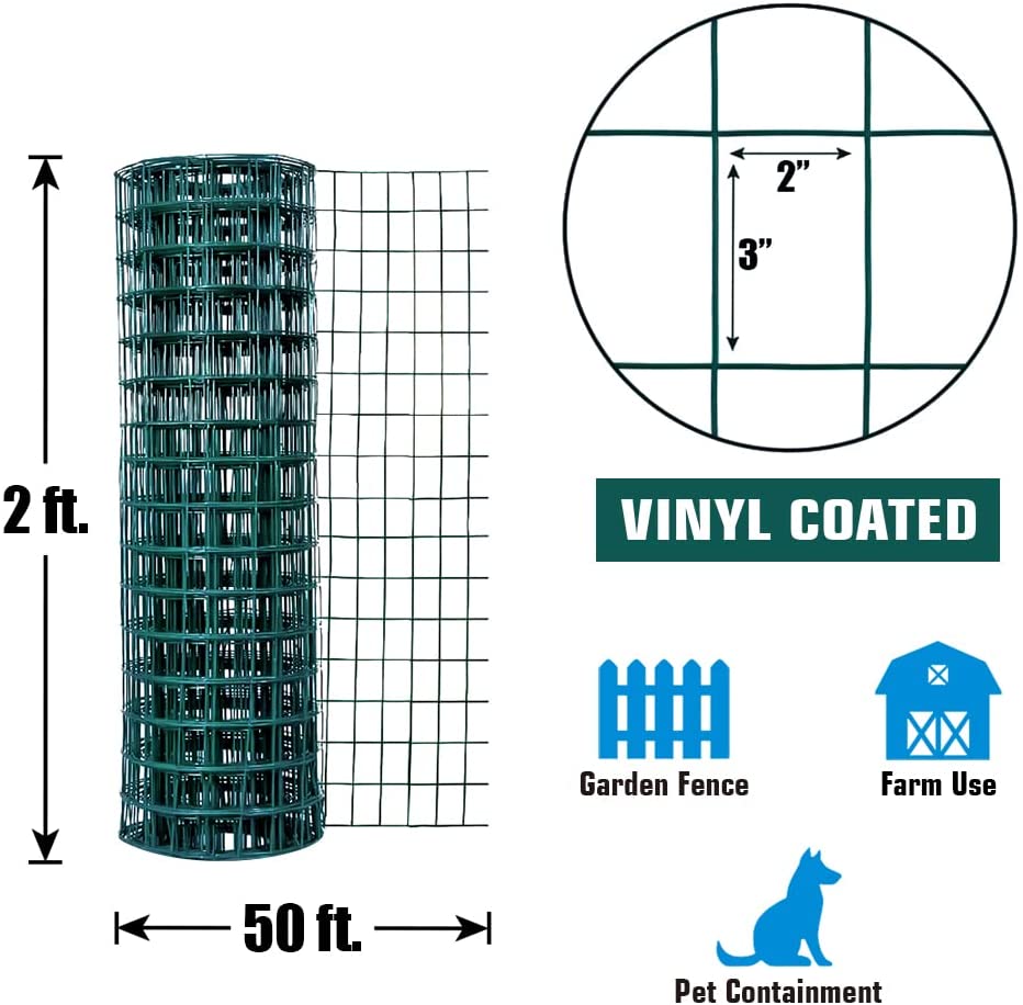 Fencer Wire 16 Gauge Green Vinyl Coated Welded Wire Mesh, 2-Inch x 3-Inch Grid Hardware Cloth for Home and Garden, Great for Home Improvement and Home Guard Project