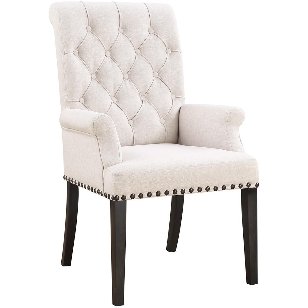 Decorative Rolled Button Beige Tufted Arm Chair with Nailhead Trim