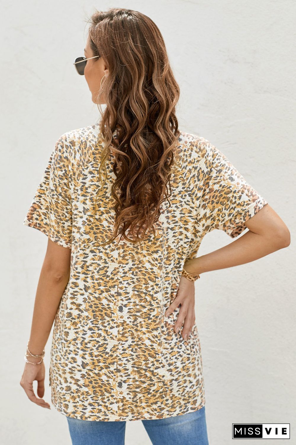 Yellow V Neck Front Pocket Leopard Tee