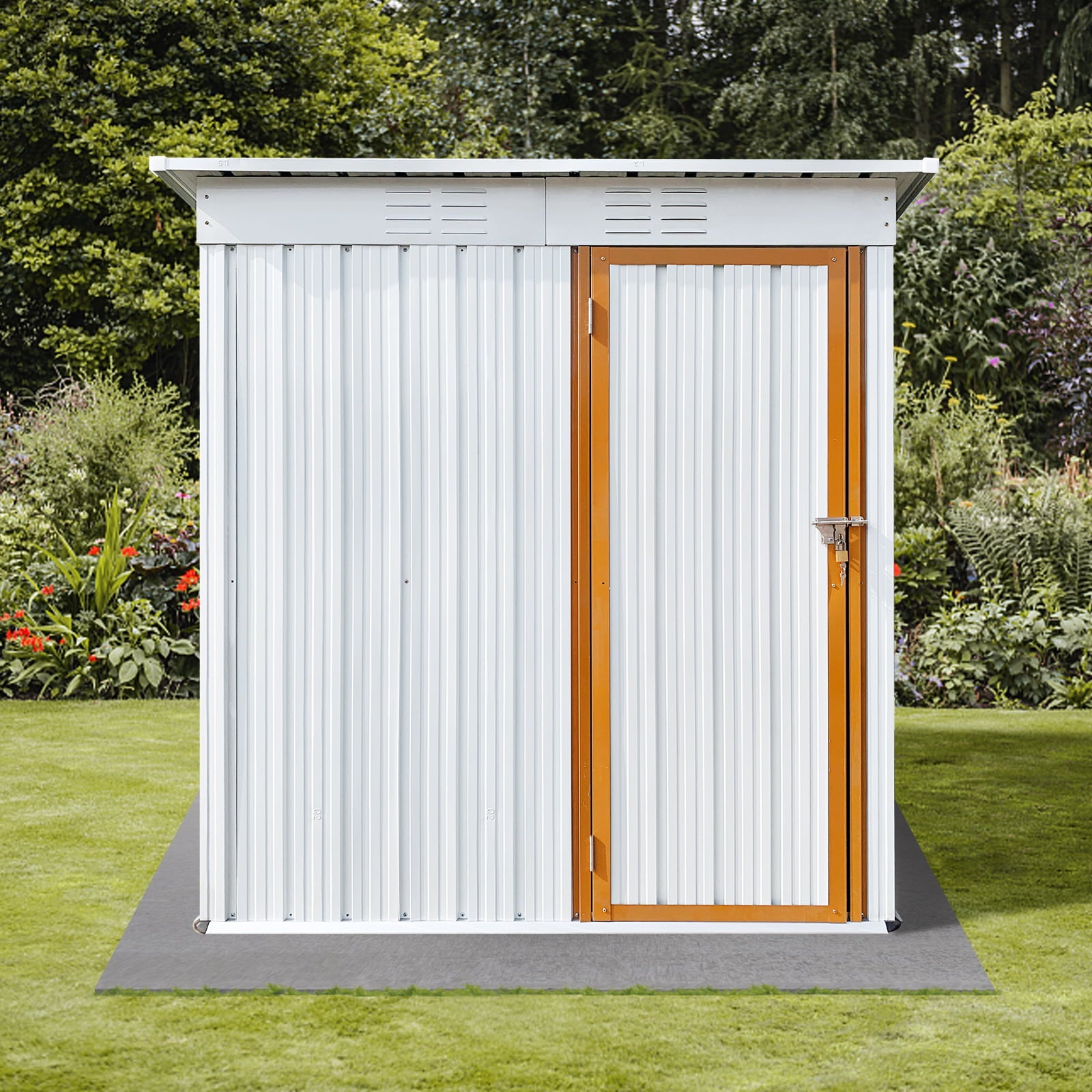 5x3 FT Outdoor Storage Shed, Galvanized Steel Garden Shed with Lockable Door for Bike, Tool, Lawnmower, Metal Lawn Backyard Sheds, Patio Outdoor Storage, White Brown