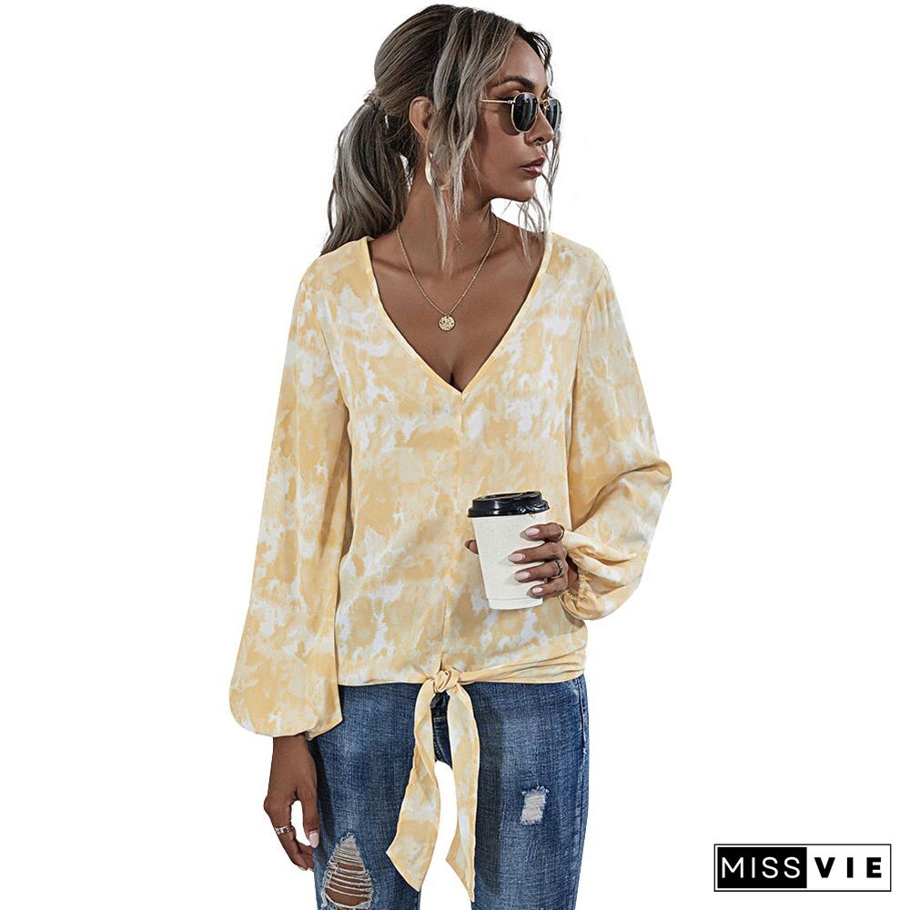 Sale Womens Loose Top Long Sleeve Vintage Tee Top With Lantern Sleeves Lace Up Ladies Tops Bandage Tshirt Tie Dye Summer Tee D30