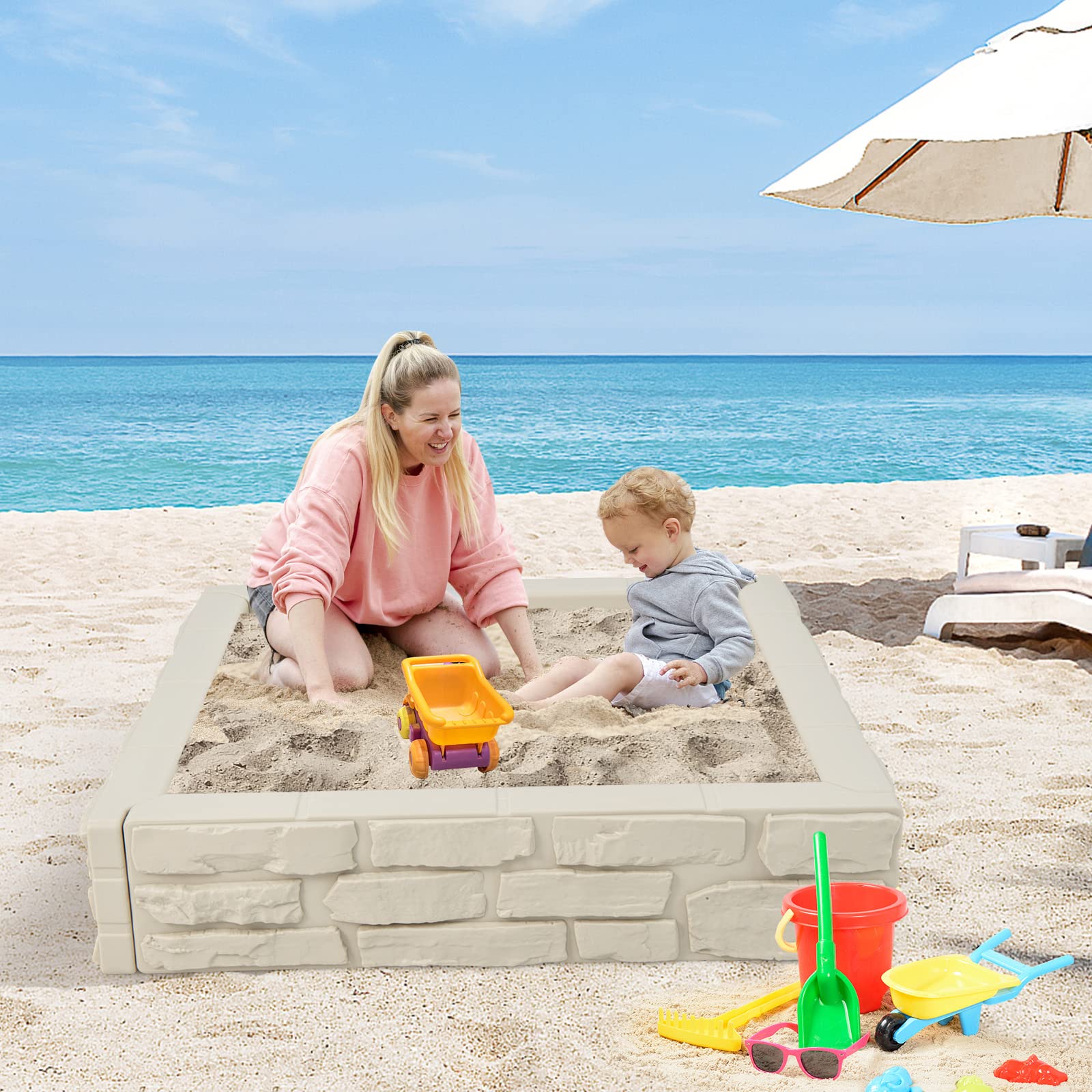 Costzon Kids Sandbox with Cover, 47” x 47” HDPE Sandpit with Oxford Cover, Bottom Liner