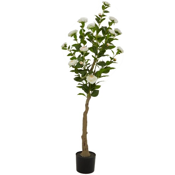 Green Faux Foliage Camellia Artificial Tree with Realistic Leaves and Black Plastic Pot