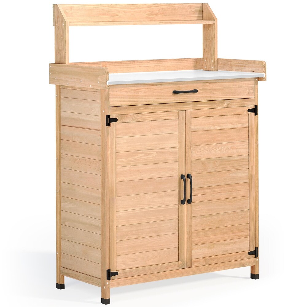 Moasis Solid Wood Potting Bench with Cabinet Metal Tabletop