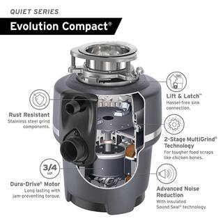 InSinkErator Evolution Compact Lift  Latch Quiet Series 34 HP Continuous Feed Garbage Disposal w Power Cord  Dishwasher Connector Evo Compact wCord wDWC-00