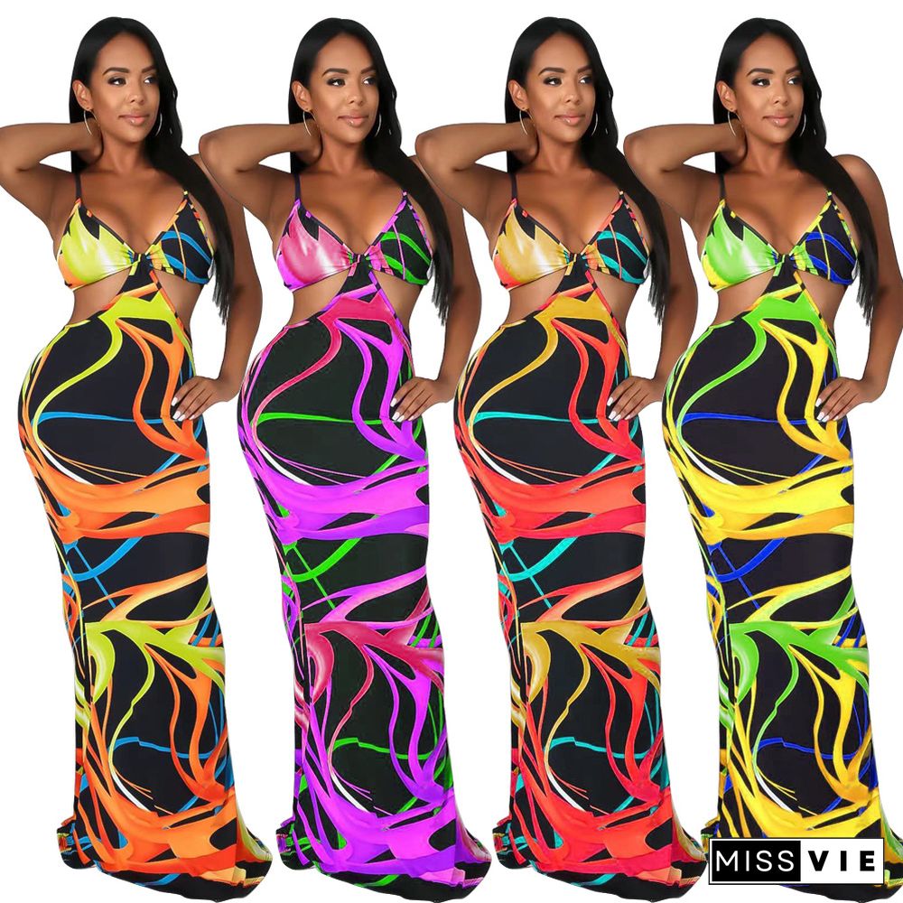 Sexy Tie Dye Sleeveless Spaghetti Straps V-Neck Hollow Out Stretchy Streetwear Bodycon Maxi Dresses