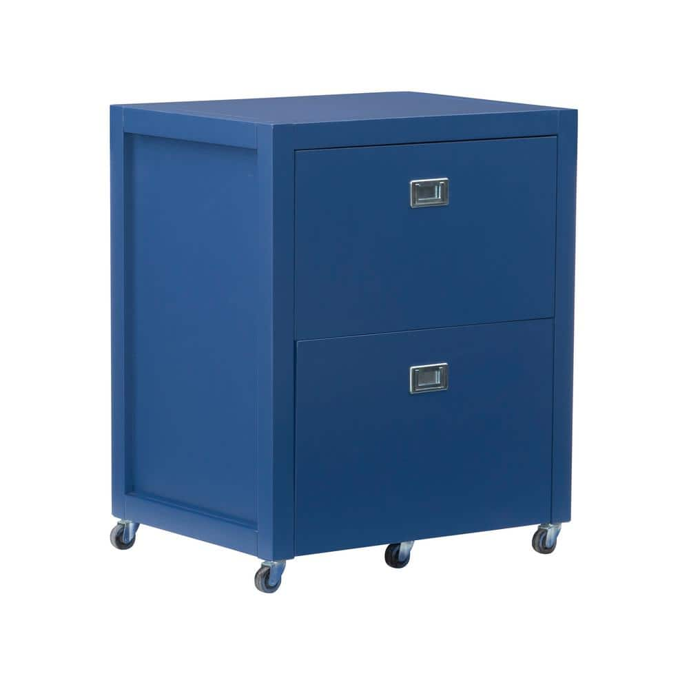 Linon Home Decor Sara Navy Blue File Cabinet with Metal Drawer Glides and Silver Handles THD02963