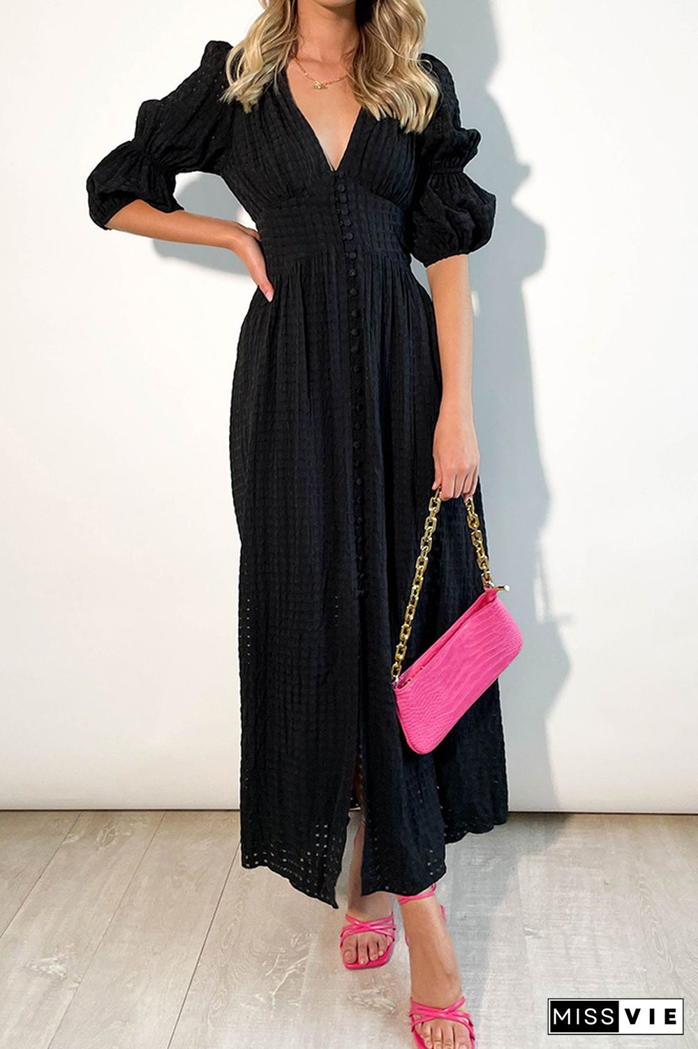 Eyelet Checked Button Up Long Split Dress