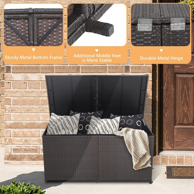 Tangkula 175 Gallon Deck Storage Box Outdoor Mix Brown Wicker Storage Bin W Zippered Liner amp 2 Universal Wheels Safe Pneumatic Rod